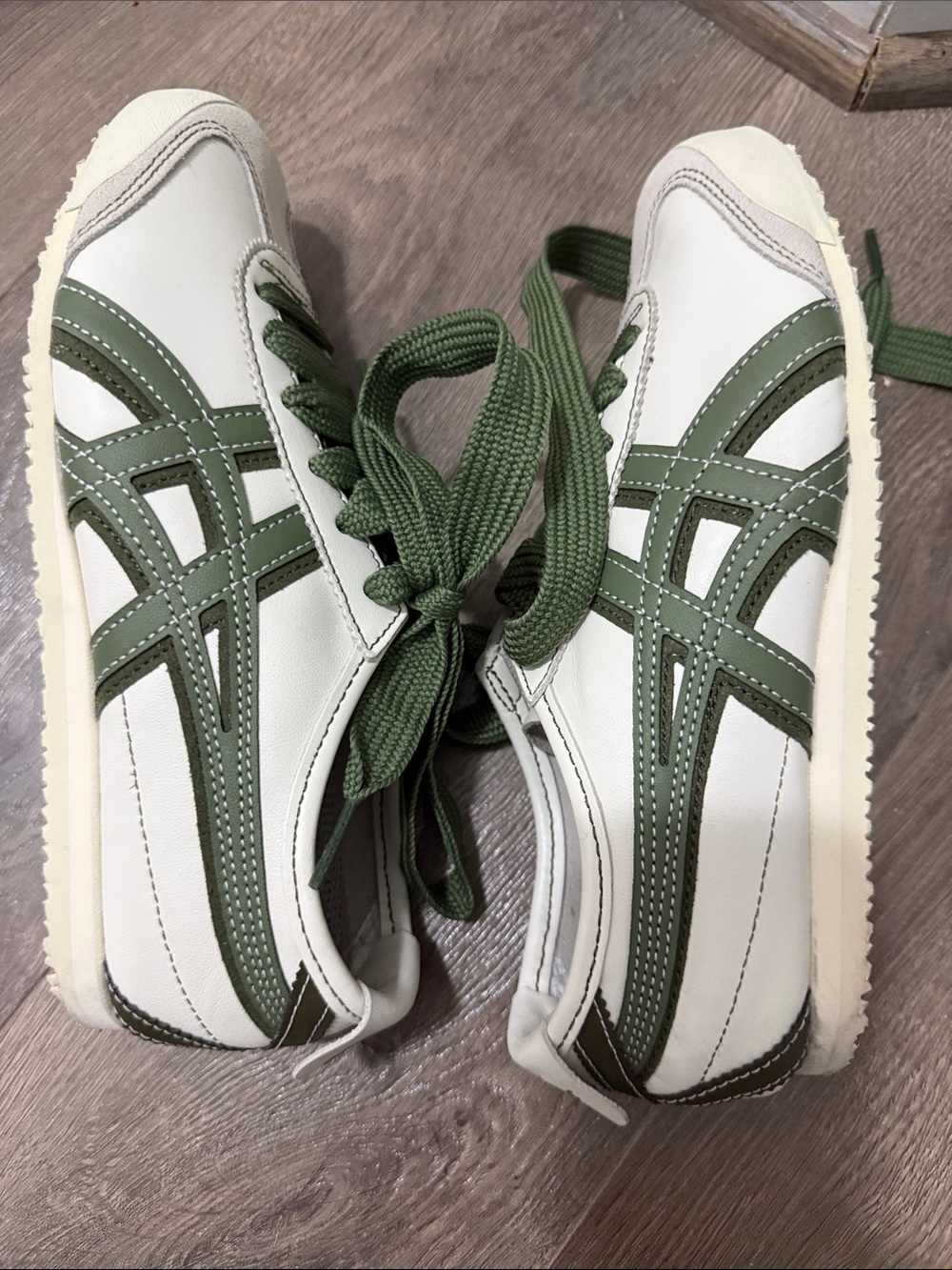 Onitsuka Tiger by Asics White Sneakers with Olive Green Stripes